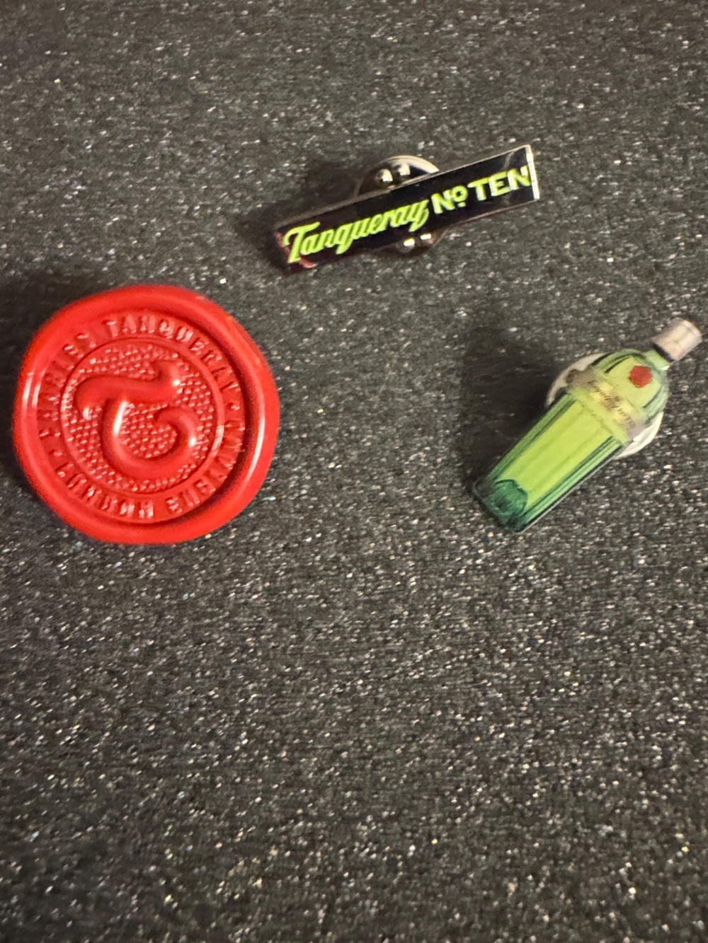 Tanqueray No. Ten Pin & Bottle Enamel Pin Set of 3 - Red, Black, Lime Green